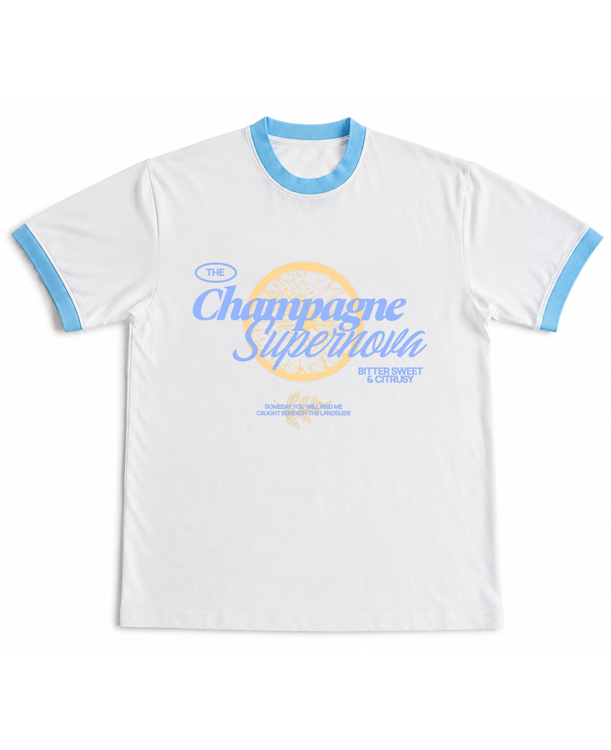 White & Sky Blue Ringer tee Front Design