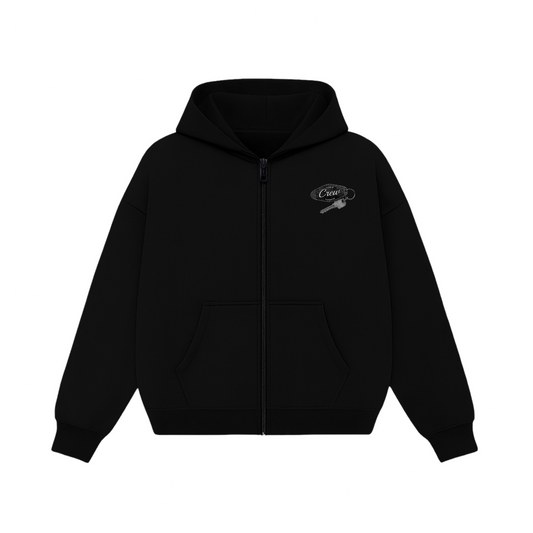 Black hoodie with a small logo on the chest against a white background