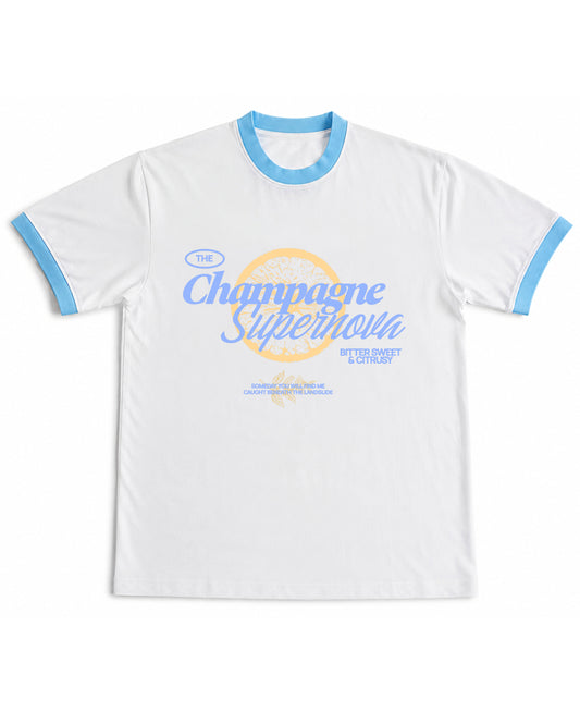 White & Sky Blue Ringer tee Front Design